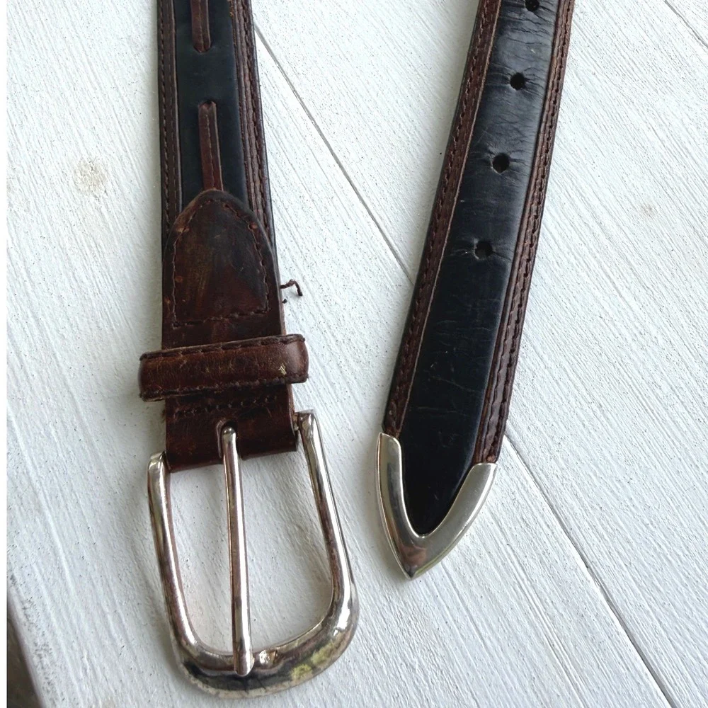 Vintage Top Grain Leather Belt 38 Brown Black Western Silver Tip
